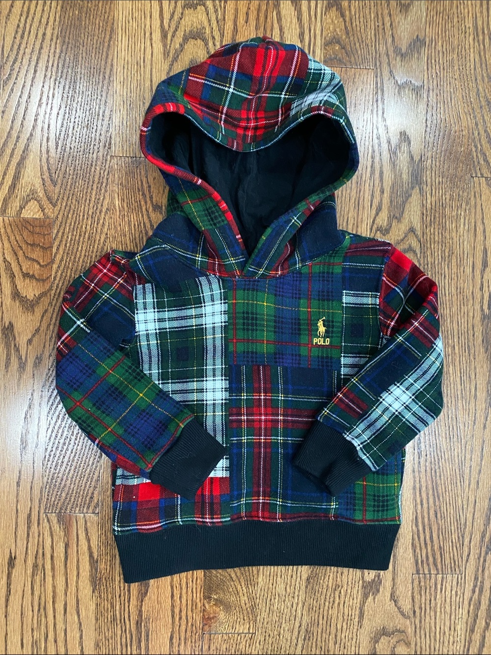 Polo Ralph Lauren boys’ patchwork plaid hooded sweatshirt, size 2T. Like new
